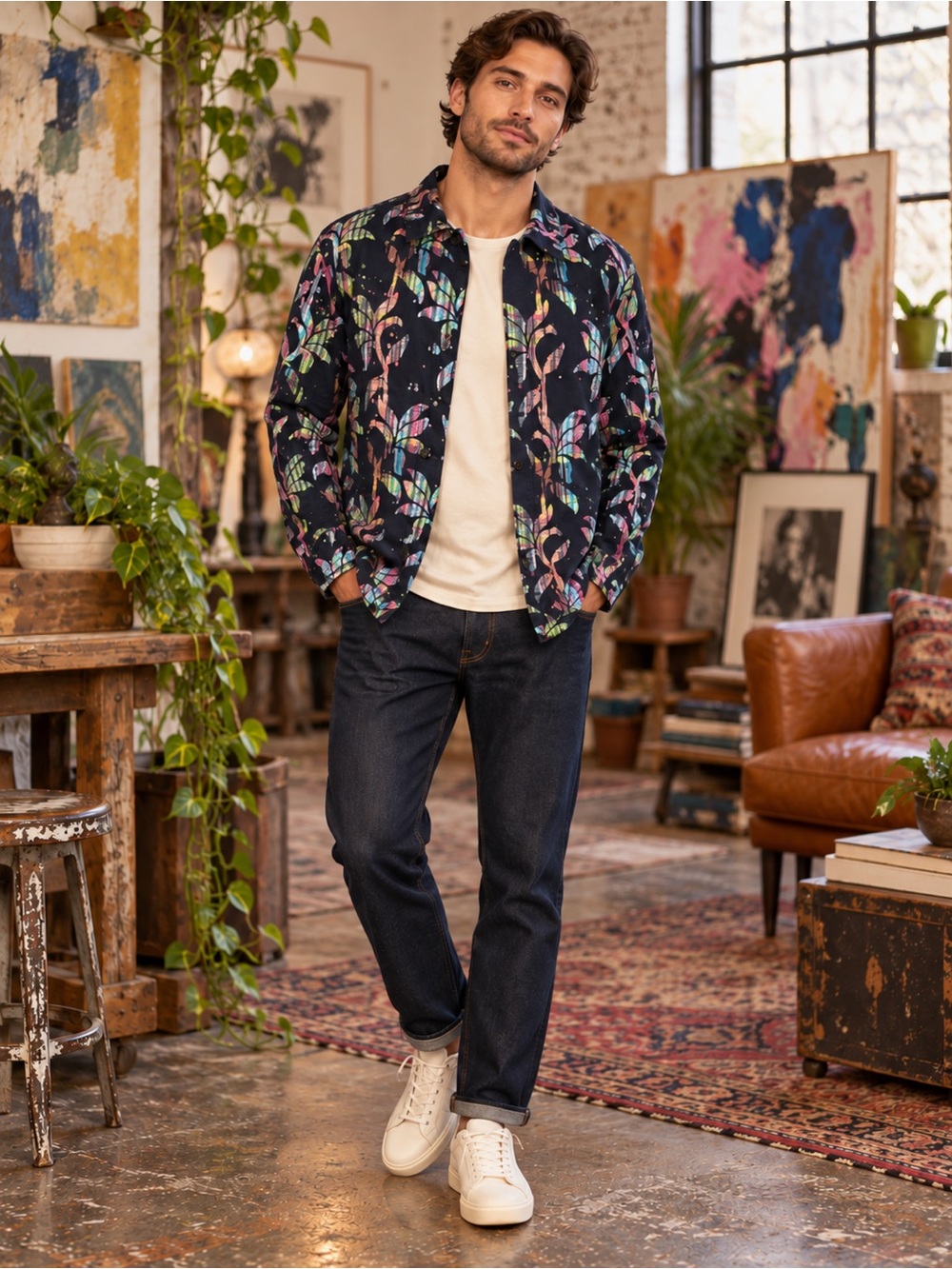 Scotch & Soda Men’s Large Botanical Print Shirt Jacket Navy Multicolor